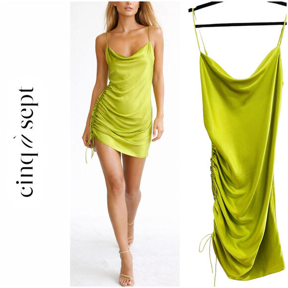 Dresses & Skirts - NWT CINQ à SEPT Baddie Silk Ruched Cowl Neck Mini Dress Lime Party Cocktails - 4